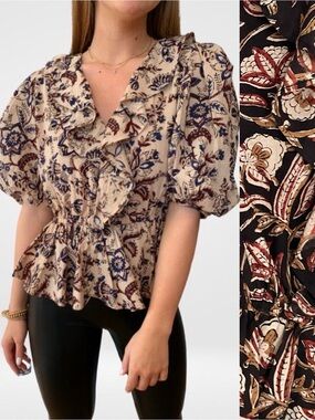 NEW Anna Cate Black Gabrielle Top Ruffle Neck Puff Sleeve Blouse Luxury NWT. Sk3